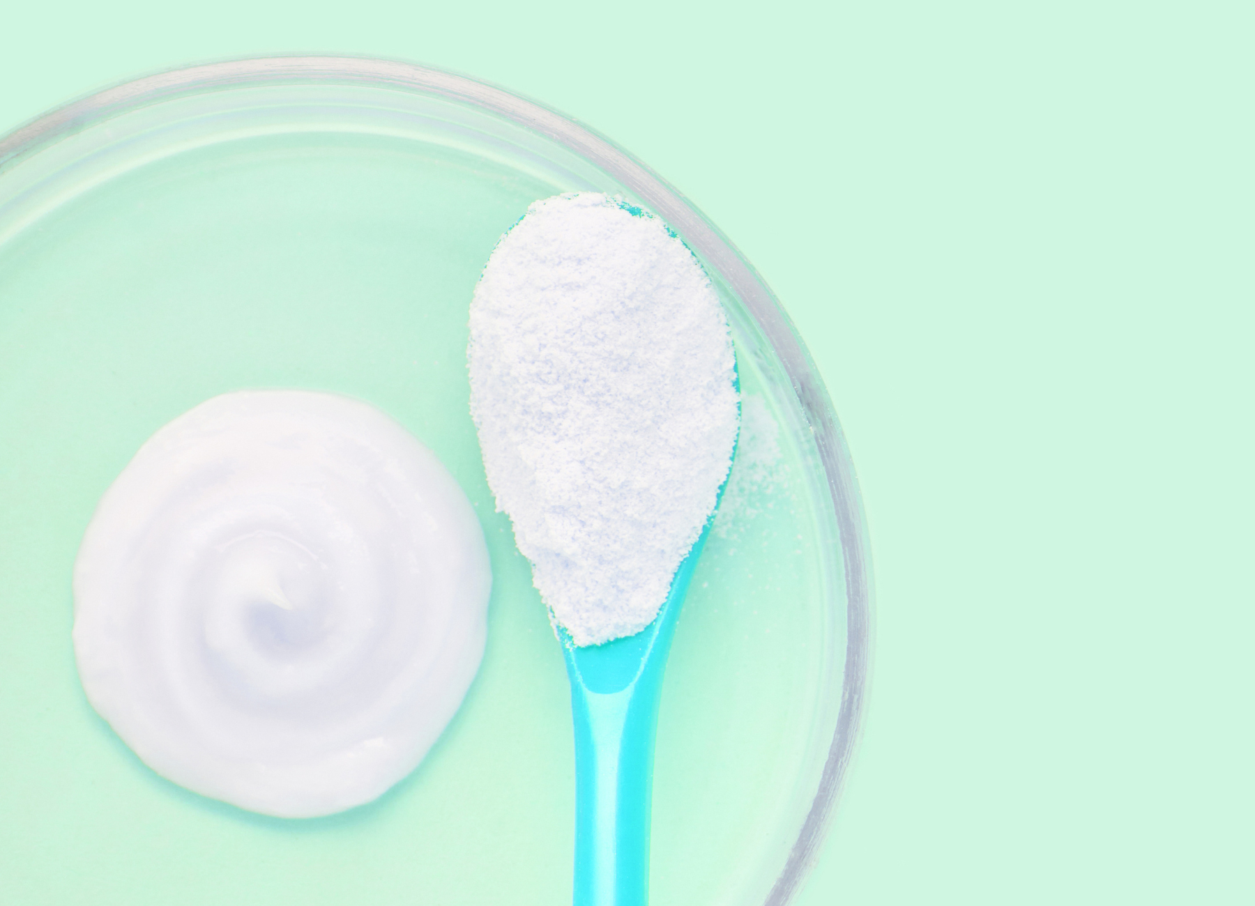 collagen powder in a scoop on a lightly green background
