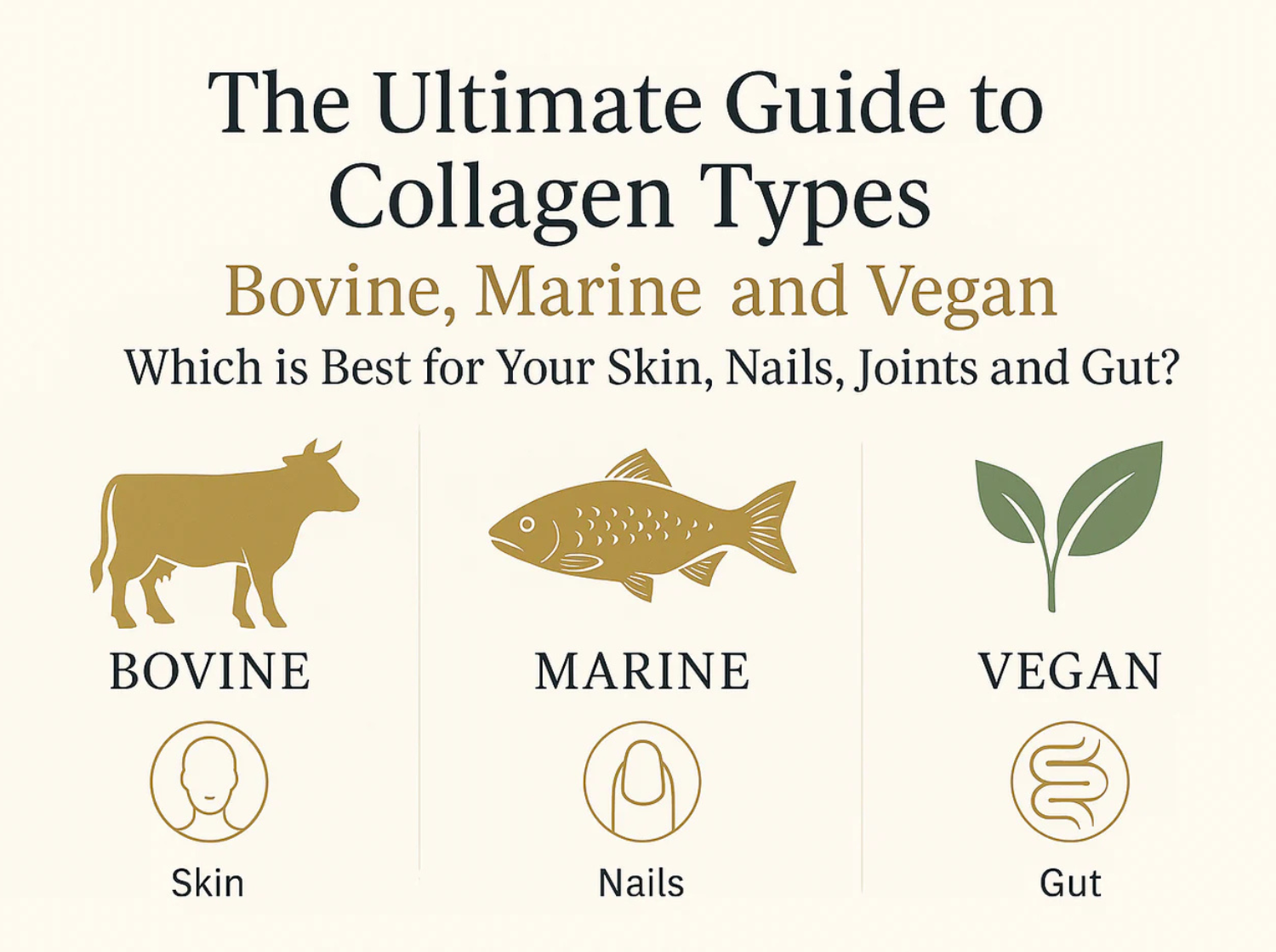 Elegant infographic comparing bovine, marine, and vegan collagen types, showing icons for skin, nails, and gut health — Restora:cell premium collagen guide in gold, white, and green tones.