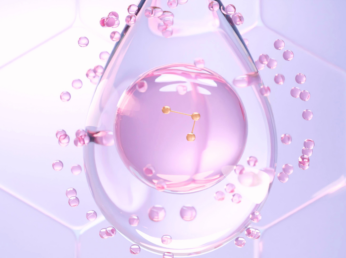 3D illustration of a collagen peptide molecule inside a pink serum droplet, surrounded by microbeads, symbolizing advanced collagen powder technology, skin hydration, and anti-aging innovation.