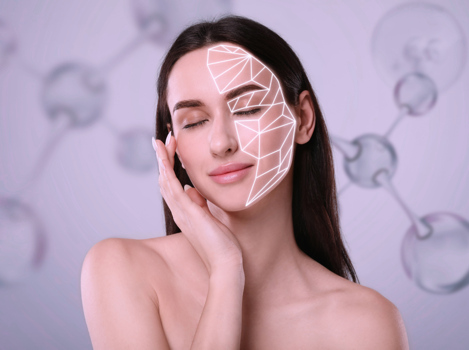 Woman with flawless skin gently touching her face, eyes closed, and geometric lines highlighting facial structure, symbolizing skincare, collagen, and beauty technology on a molecular background.