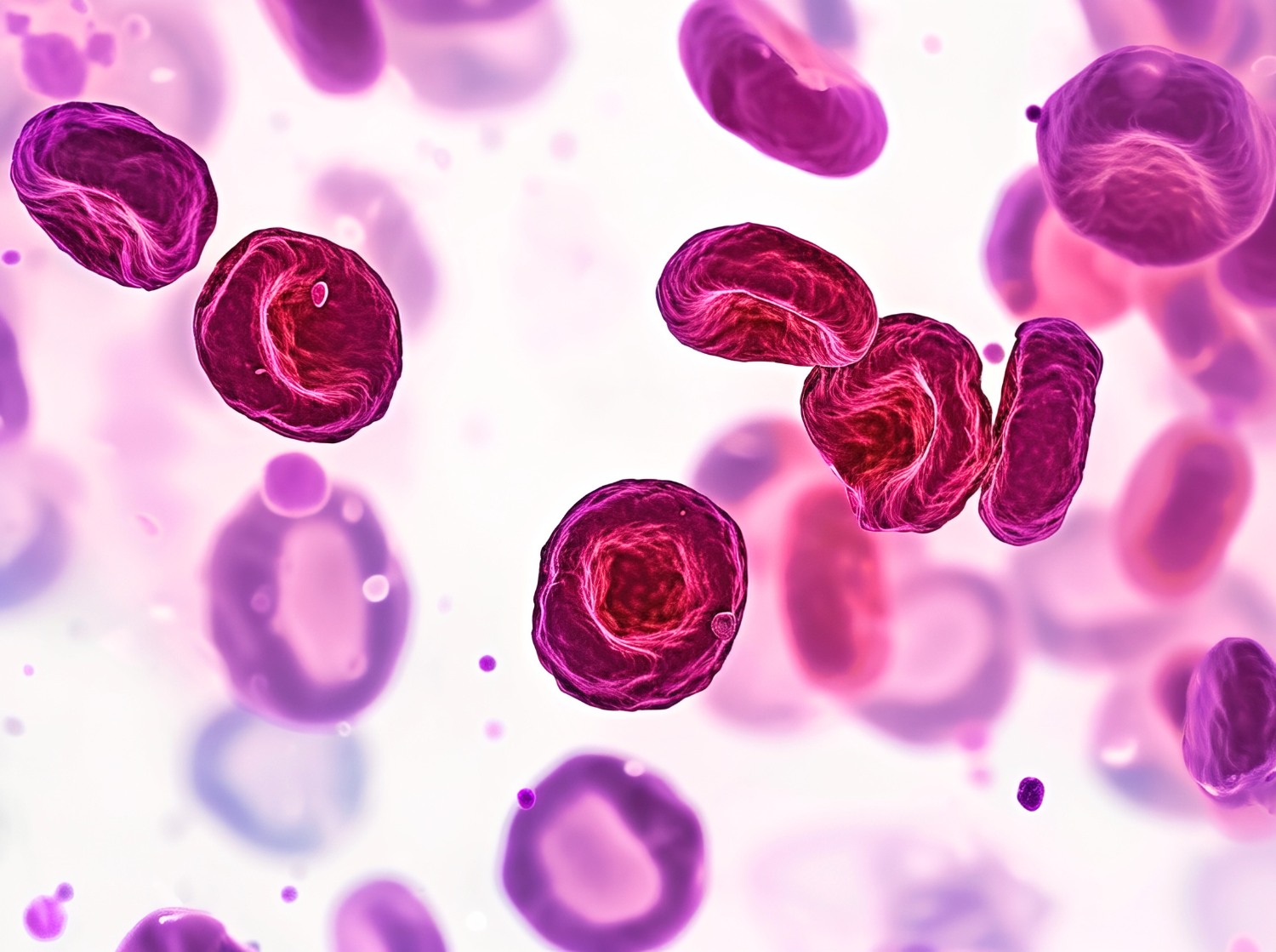 Microscopic view of red blood cells and other cellular structures in shades of red, pink, and purple, representing blood composition and cellular biology.